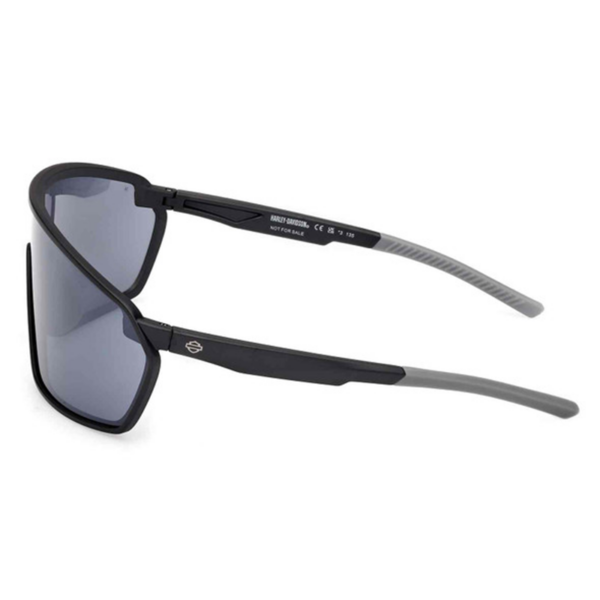 Hz0057-02a B | Harley-davidson® Online Sport sunglasses with a black frame, gray temples, and blue mirrored lenses set against a white background.