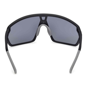 Wraparound sporty sunglasses with dark mirrored lenses and gray nose pads and temple tips, designed for active wear