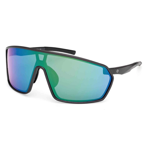 Sport sunglasses with an oversized shield lens and mirrored blue-green tint in a black frame.