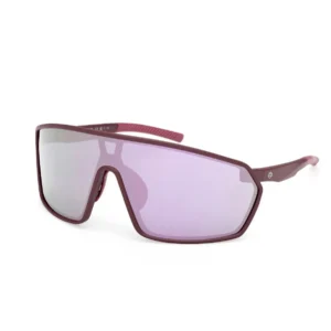 Sporty sunglasses with burgundy frame and lavender lenses, wraparound style for sun protection