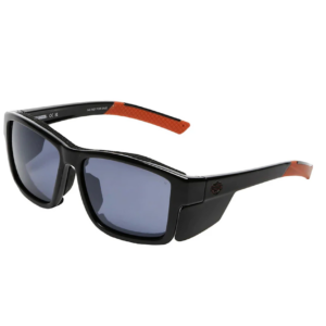 Black wraparound sunglasses with dark lenses and orange temple tips, stylish outdoor eyewear.