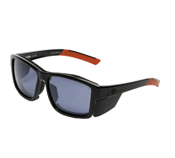 Black wraparound sunglasses with dark lenses and orange temple tips, stylish outdoor eyewear.