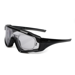 Black-framed protective safety goggles with clear lenses, designed for lab or construction use