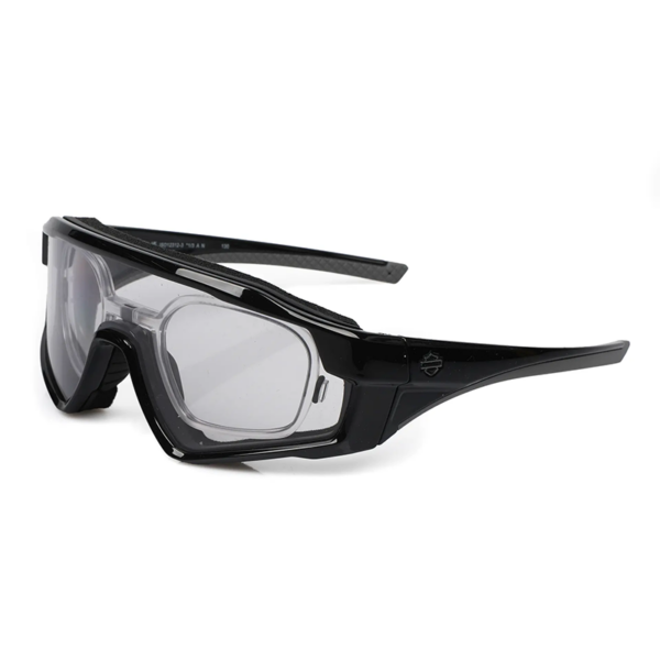 Black-framed protective safety goggles with clear lenses, designed for lab or construction use