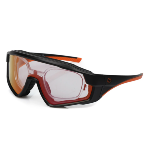 Black safety goggles with amber-tinted lenses and orange accents on the temple tips.