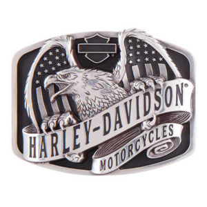 Harley-Davidson belt buckle with an eagle and a banner reading HARLEY-DAVIDSON MOTORCYCLES.