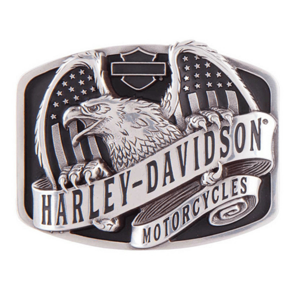 Harley-Davidson belt buckle with an eagle and a banner reading HARLEY-DAVIDSON MOTORCYCLES.