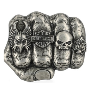 Metallic knuckle ring with Harley-Davidson emblem, skull, and spade motifs on each finger press