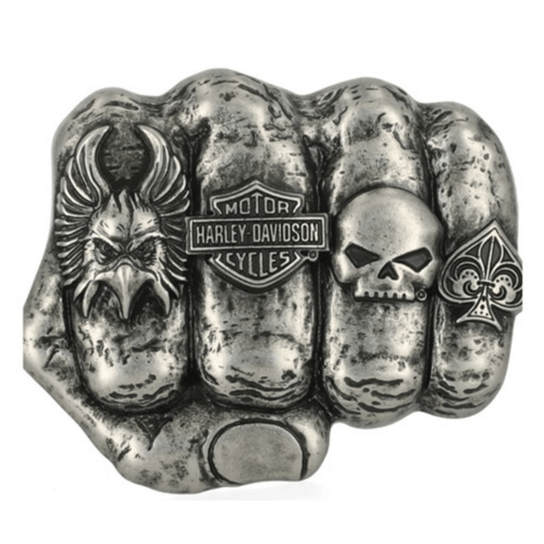 Metallic knuckle ring with Harley-Davidson emblem, skull, and spade motifs on each finger press