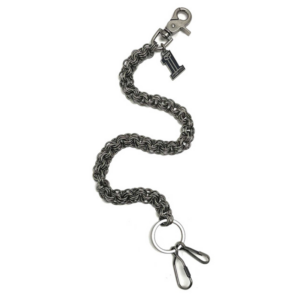 Metal woven chain keychain with ring and two carabiner hooks, and a small tag at the top (lanyard-style key holder).