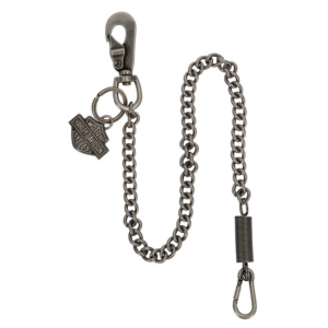 Metal chain keychain with Harley-Davidson shield charm and a clasp at one end, set against a white background.