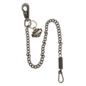 Metal chain keychain with a lobster-claw clasp on one end and a spring-loaded clip on the other, plus a small padlock charm.