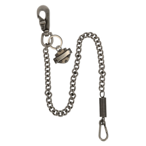 Mau30261b | Harley-davidson® Online Metal chain keychain with a lobster-claw clasp on one end and a spring-loaded clip on the other, plus a small padlock charm.