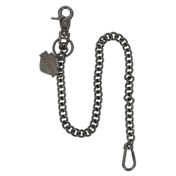 Mau30337 | Harley-davidson® Online Metal chain with a Harley‑Davidson shield charm and a lobster clasp at one end.