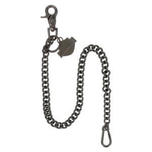 Dark metal chain with a lobster clasp on one end and a swivel hook on the other, plus a small shield-shaped tag — a keychain/bag accessory.