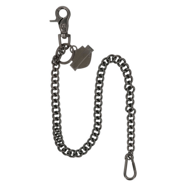 Mau30337b | Harley-davidson® Online Dark metal chain with a lobster clasp on one end and a swivel hook on the other, plus a small shield-shaped tag — a keychain/bag accessory.