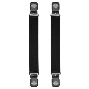 Pair of black nylon tie-down straps with metal hooks and Harley-Davidson logos for securing cargo.