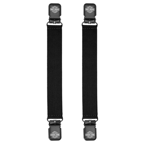 Pair of black nylon tie-down straps with metal hooks and Harley-Davidson logos for securing cargo.