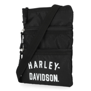 Black Harley-Davidson crossbody bag with multiple zippered pockets and a shoulder strap, compact and portable.