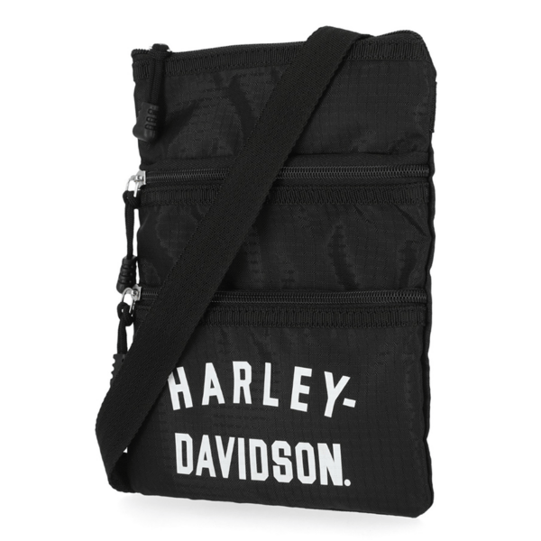 Mhw07708 | Harley-davidson® Online Black Harley-Davidson crossbody bag with multiple zippered pockets and a shoulder strap, compact and portable.