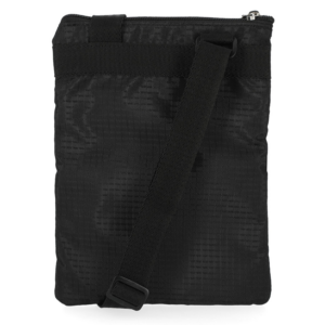 Small black zippered shoulder bag with an adjustable strap