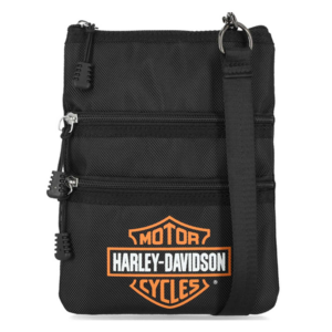 Black crossbody bag with multiple zip pockets and an orange Harley‑Davidson logo on the front surface, strap on the side.