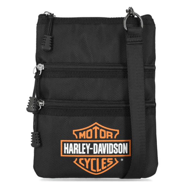 Black crossbody bag with multiple zip pockets and an orange Harley‑Davidson logo on the front surface, strap on the side.