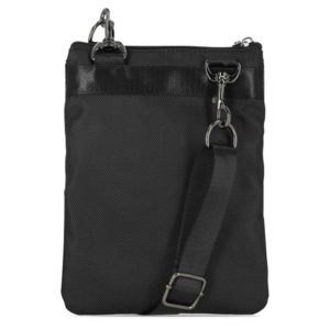 Black nylon crossbody bag with an adjustable shoulder strap and metal hardware on a plain white background.