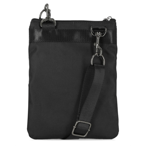 Black nylon crossbody bag with an adjustable shoulder strap and metal hardware on a plain white background.