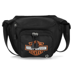 Black Harley-Davidson crossbody bag with front zip pocket and orange logo, adjustable strap visible on sides.