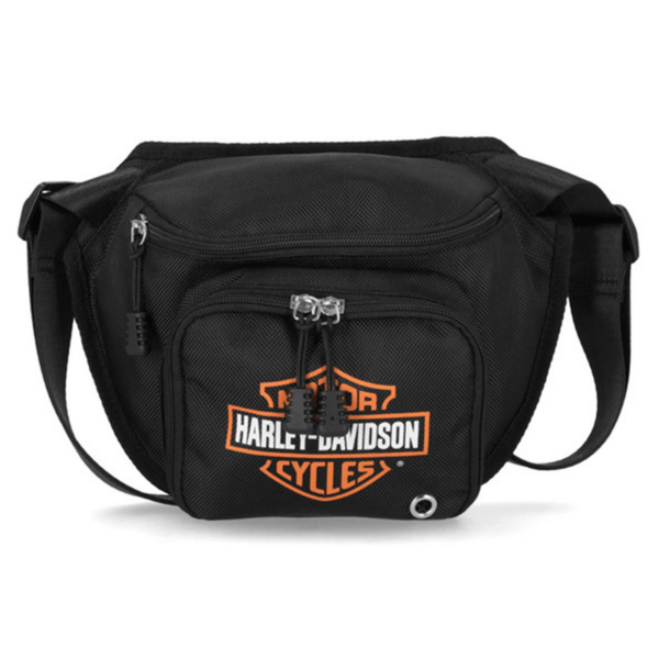 Black Harley-Davidson crossbody bag with front zip pocket and orange logo, adjustable strap visible on sides.