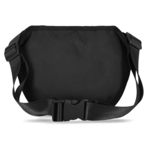 Black waist bag (fanny pack) with adjustable strap and quick-release buckle, viewed from the back