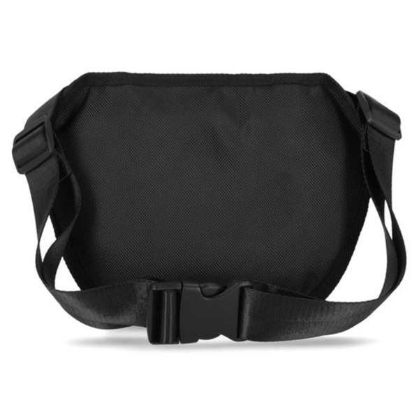 Black waist bag (fanny pack) with adjustable strap and quick-release buckle, viewed from the back
