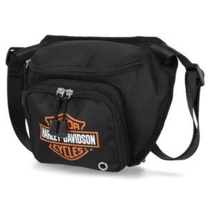 Black Harley-Davidson branded crossbody bag with front zip pocket and adjustable shoulder strap.