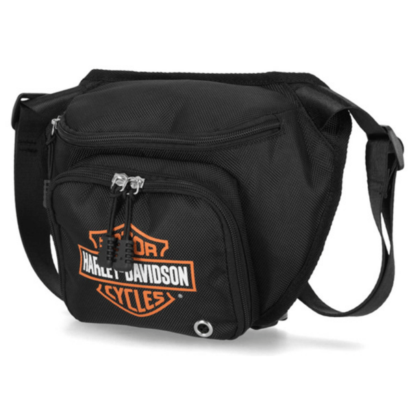 Black Harley-Davidson branded crossbody bag with front zip pocket and adjustable shoulder strap.