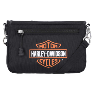 Black crossbody bag with Harley‑Davidson logo, front zip pocket, and detachable strap.