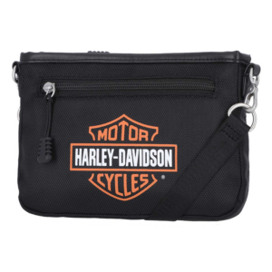 Black Harley-Davidson small crossbody bag with logo and front zipper pocket, detachable strap.