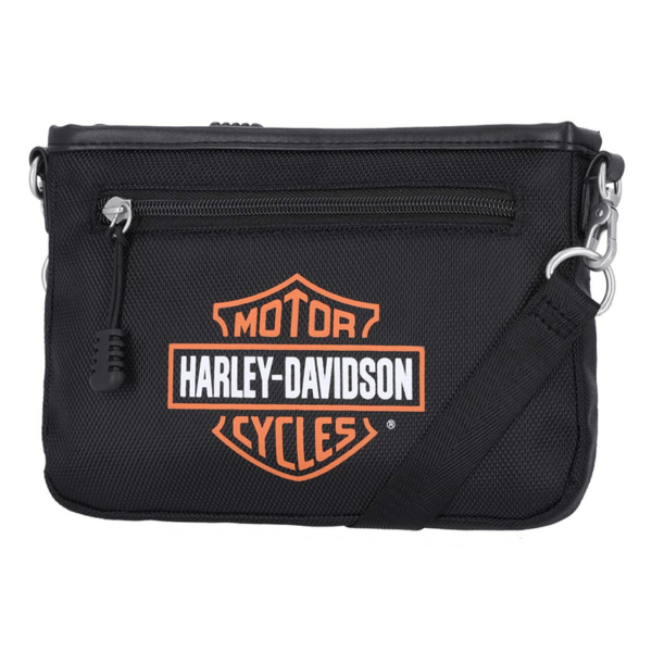Mhw114108b | Harley-davidson® Online Black Harley-Davidson small crossbody bag with logo and front zipper pocket, detachable strap.