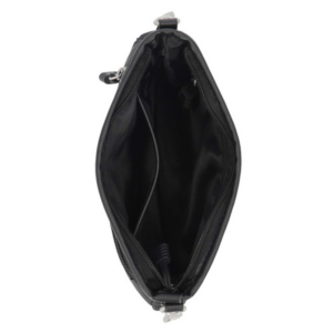 Black zippered pouch opened to show a spacious main compartment and inner pocket(s).