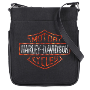 Black canvas crossbody bag featuring a red rhinestone Harley‑Davidson logo on the front pocket panel.