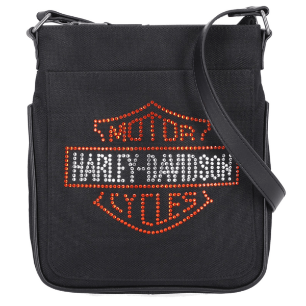 Mhw14808 | Harley-davidson® Online Black canvas crossbody bag featuring a red rhinestone Harley‑Davidson logo on the front pocket panel.