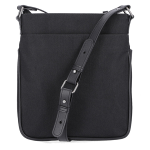 Black canvas crossbody bag with an adjustable leather-like strap and metal hardware across the front edge of the bag.
