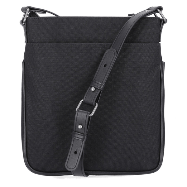 Mhw14808b | Harley-davidson® Online Black canvas crossbody bag with an adjustable leather-like strap and metal hardware across the front edge of the bag.