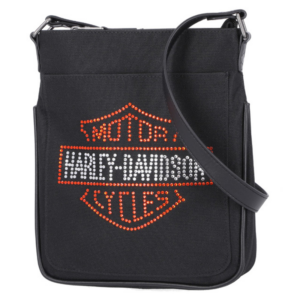 Black crossbody bag with a red rhinestone Harley‑Davidson logo on the front pocket area