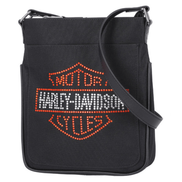 Mhw14808c | Harley-davidson® Online Black crossbody bag with a red rhinestone Harley‑Davidson logo on the front pocket area