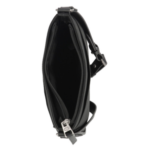 Black leather crossbody bag with a wide main zipper opening and empty interior, showing the side profile and strap attachment