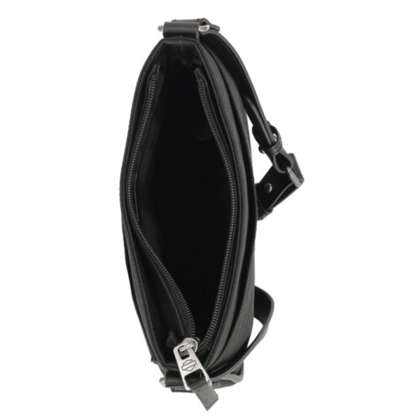 Mhw14808d | Harley-davidson® Online Black leather crossbody bag with a wide main zipper opening and empty interior, showing the side profile and strap attachment