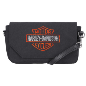 Black fabric crossbody bag with red-embroidered Harley-Davidson logo on the front.