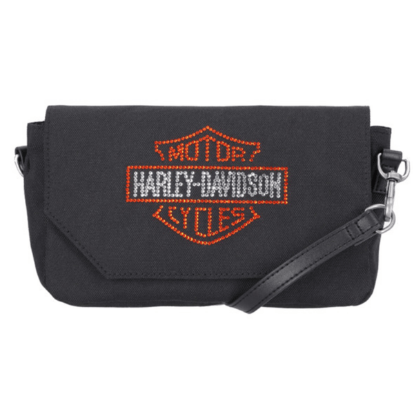 Mhw16508 | Harley-davidson® Online Black fabric crossbody bag with red-embroidered Harley-Davidson logo on the front.