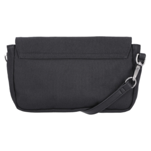 Small black crossbody bag with a top flap and adjustable shoulder strap, made of canvas fabric